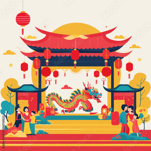Vibrant illustration of a dragon dance performance in a traditional Chinese gate with red lanterns and festive decorations during a joyful Lunar New Year celebration.