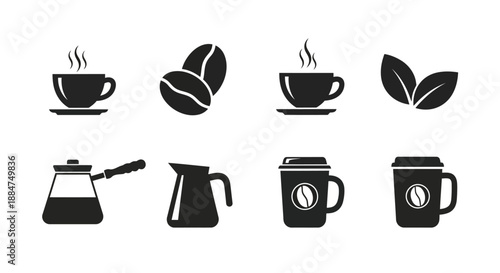 Black and white coffee icons featuring beans cups pots and brewing equipment