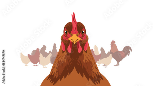 Striking front-facing view of a brown hen looking directly at the camera, with a group of chickens and roosters in the blurred background, portraying farm life.