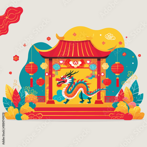 Vibrant illustration of a dragon dance performance in front of a traditional Chinese gate with red lanterns and colorful decorations.