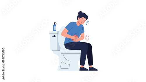 Man sitting on a toilet with an expression of intense stomach pain and nausea, clutching his abdomen, signifying acute digestive distress or illness.