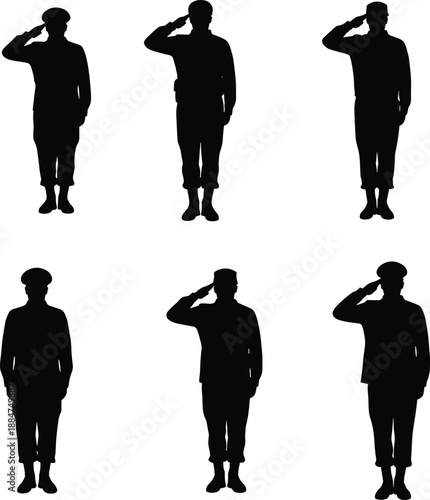 Military salute silhouettes, standing at attention, soldier gesture, respect posture, army discipline, ceremonial stance, honor display, uniformed personnel – flat vector illustration