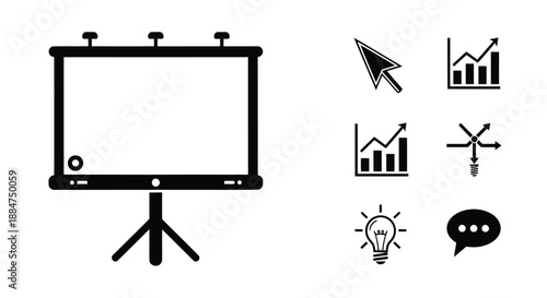 Presentation screen with business icons chart idea pointer and communication