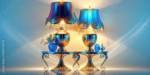 A pair of ornate vintage table lamps with a metallic gold and blue finish. Luxury illuminated lighting on a reflective console table. Elegant interior decor concept