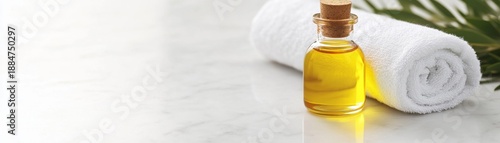 Golden Elixir A clear glass bottle of amber oil rests on a rolled white towel, symbolizing wellness and spa treatments. ,Wellness,Spa