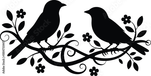 Two birds silhouette on floral branch, romantic nature design with leaves and flowers isolated on white, vector illustration.