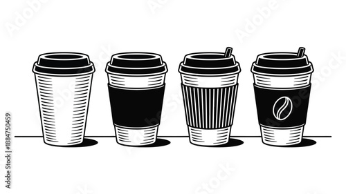 Collection of diverse disposable coffee cups with lids in a stylized black and white vintage engraving illustration style, perfect for hot beverages