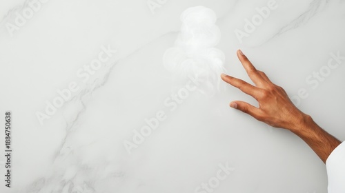 Hand Interacts with Swirling Smoke on Marble Surface, Evoking Mystery, Smoke, Creativity, Art, Minimalist, Concept