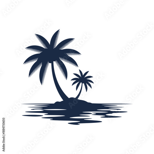 Coconut Palm trees in beach island, sun and Sea water, tropical beach vacation vector Silhouette