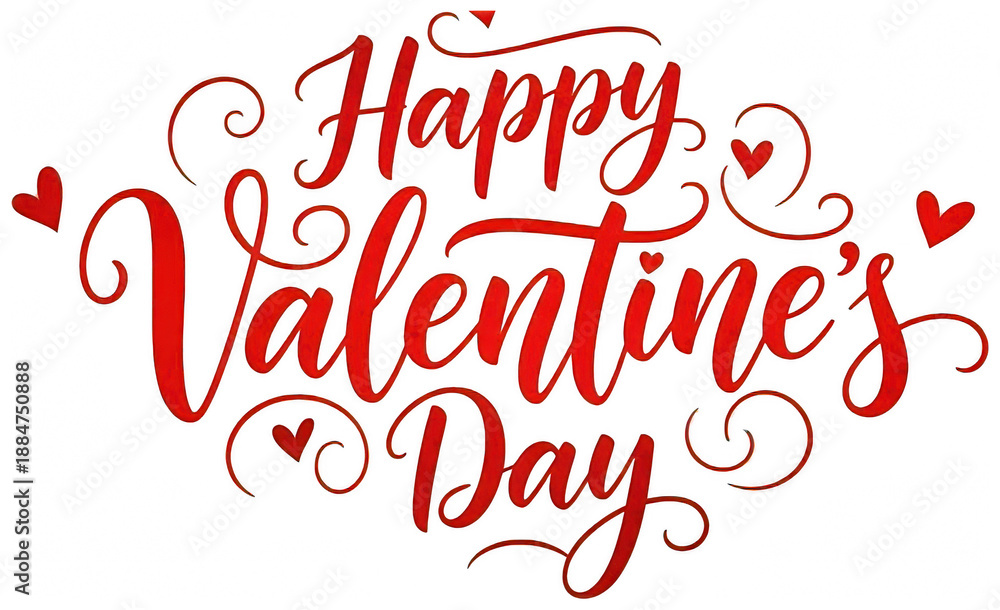 Obraz premium Valentine Happy Valentines Day lettering in red calligraphy with hearts and swirls on transparent background