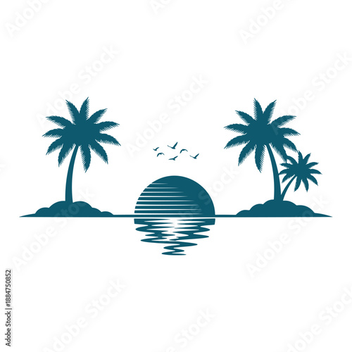 Coconut Palm trees in beach island, sun and Sea water, tropical beach vacation vector Silhouette