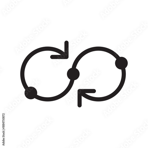 Interconnected circular flow diagram icon continuous process system design infinite cycle symbol two loops arrows dots