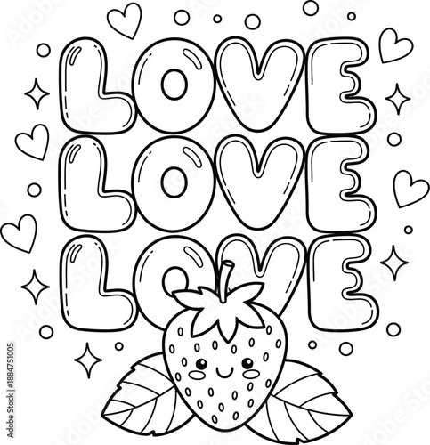 Coloring page with love text and strawberry