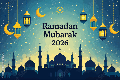 Ramadan Mubarak 2026 Greeting Card with Mosque Silhouette and Lanterns