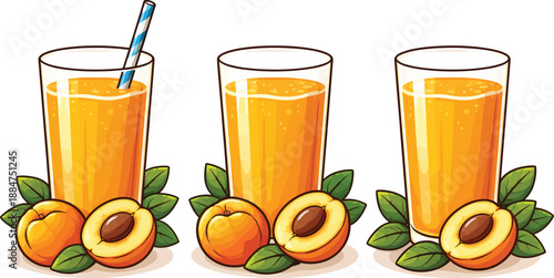 Set of 3 Apricot Juice Glasses with Fruit and Leaves Vector Illustration