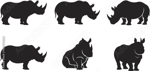 Black rhino silhouette set, African wildlife animal collection with different poses, isolated on white background, vector illustration.