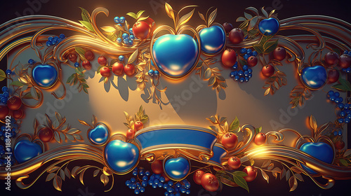 Ornate decorative frame with gold filigree, blue apples, and berries. Luxurious banner design with a ribbon. Elegant background with copy space for text.