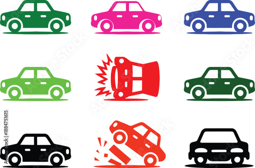 Collection of cars including damaged and undamaged vehicles in various colors crash collision