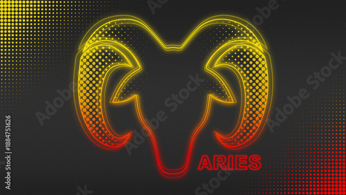 Neon Fire Horse Aries Zodiac Sign Outline Futuristic Glow Halftone Illustration