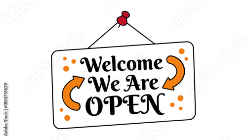 Welcome We Are Open Hanging Sign Flat Vector Illustration, open sign, welcome sign, we are open, shop open, store open, business open, hanging sign, door sign, shop sign, store sign, open placard, 