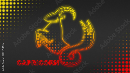 Neon Fire Horse Capricorn Zodiac Sign Outline Futuristic Glow Halftone Illustration