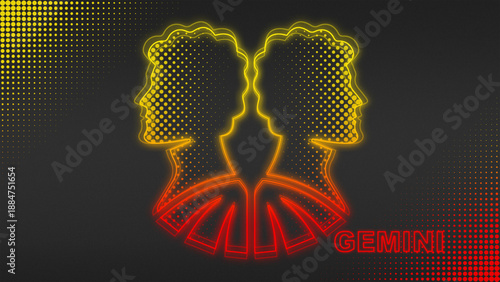 Neon Fire Horse Gemini Zodiac Sign Outline Futuristic Glow Halftone Illustration