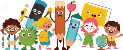 Playful Classroom Line Icons Kids with Pencil, Pen, Ruler & Eraser CharactersPlayful Classroom Line Icons Kids with Pencil, Pen, Ruler & Eraser Characters