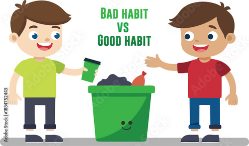 Bad habits vs good habits cartoon illustration of proper waste disposal