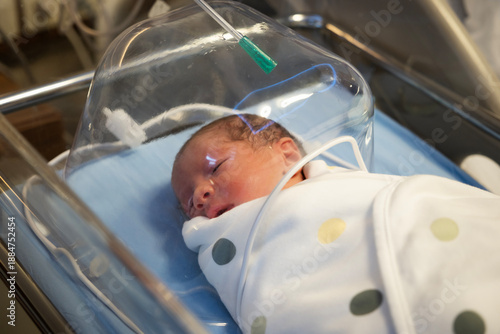 Newborn infant sleeping wrapped in a blanket inside a clear incubator in a hospital's neonatal intensive care unit, representing advanced medical care for fragile new life