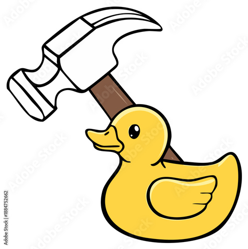 Cartoon Yellow Rubber Duck with Hammer, Black Outlines, Vector Art, Child Illustration