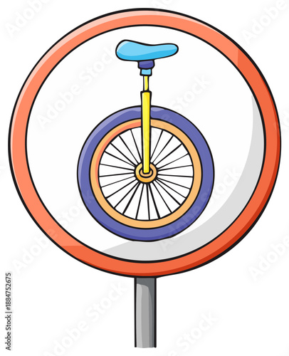 Colorful cartoon unicycle inside a circular road sign, circus transportation and wheelie skill representation.