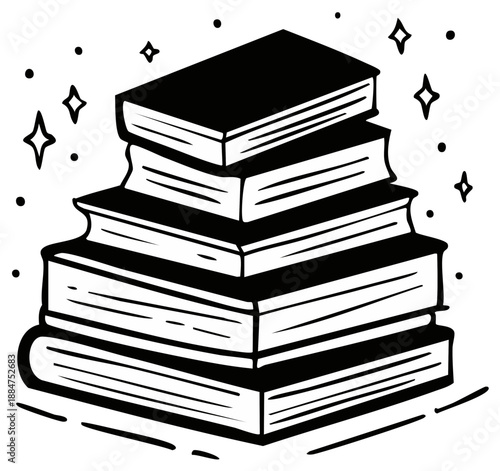 Stack of books with sparkling stars, black and white illustration.