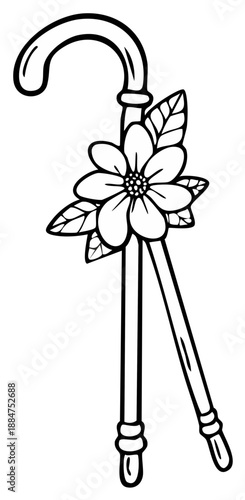 Black and white illustration of decorative walking stick with a flower design