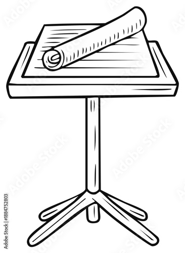 Music Stand with Scroll Resting on it, Black and White Line Art