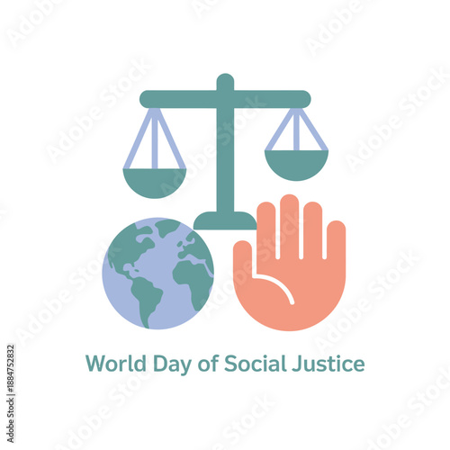 World Day of Social Justice awareness symbol with scales hand and globe
