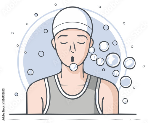 Swimmer exhaling bubbles, closed eyes. Illustration of person in swim cap