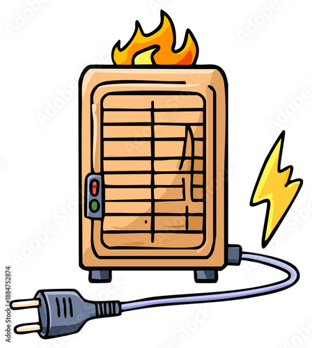 Flaming Electric Heater with Power Plug and Electrical Danger Symbol Illustration