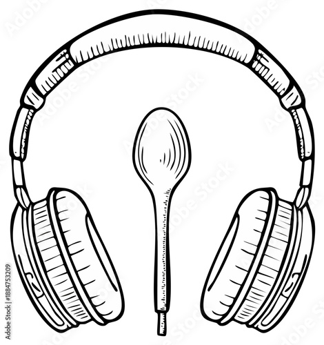 Overhead view of headphones embracing a spoon symbolizing auditory inspiration and culinary creativity