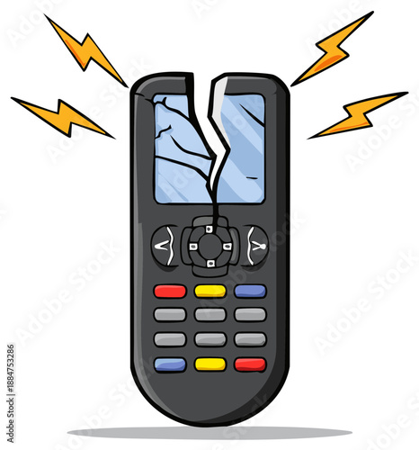 Broken remote control with cracked screen and lightning bolts signifying malfunction or damage