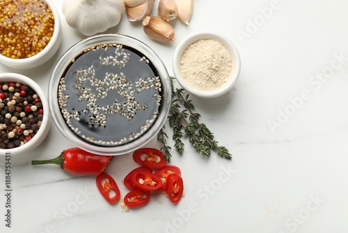 Wallpaper Mural Soy sauce and other different ingredients for marinade on white marble table, flat lay. Space for text Torontodigital.ca