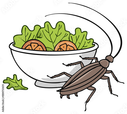 Cartoon Cockroach Crawling Near Salad Bowl