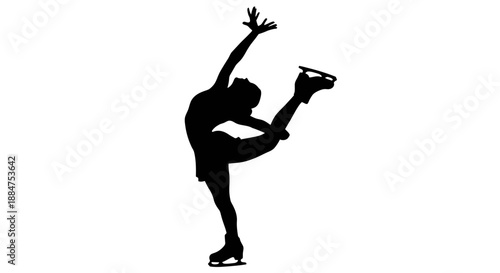 Solo female figure skater executing beautiful Biellmann spin pose with arm raised high in graceful curve