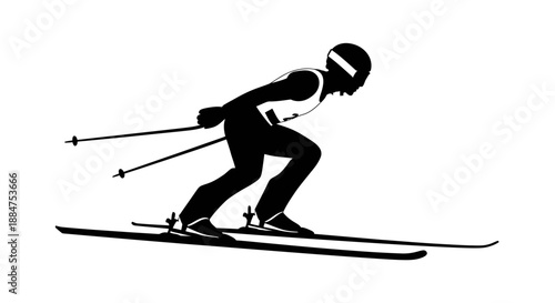 Competitive cross country skier leaning forward pushing hard with poles during uphill race section on snow track
