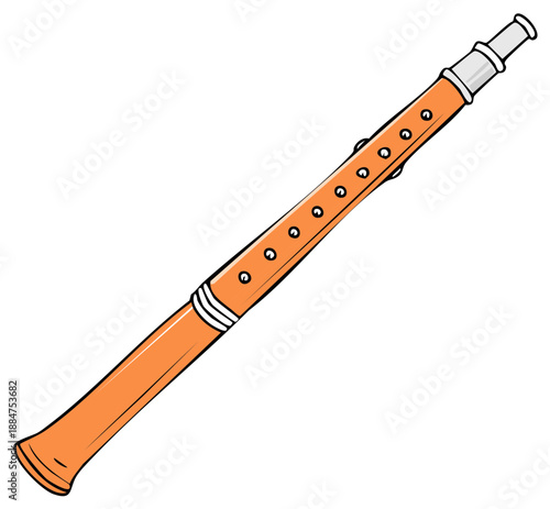 Cartoon Orange Recorder Illustrative Musical Instrument Woodwind Flute with Holes and Keys for Orchestras or Musicians