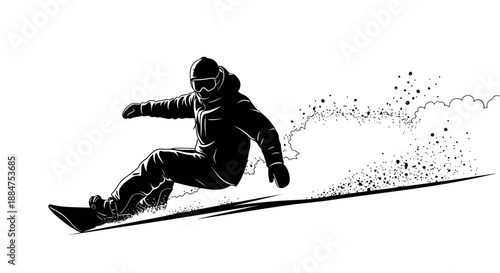 Snowboarder silhouette carving through fresh powder snow on mountain slope during winter season extreme sports activity monochrome vector graphic illustration