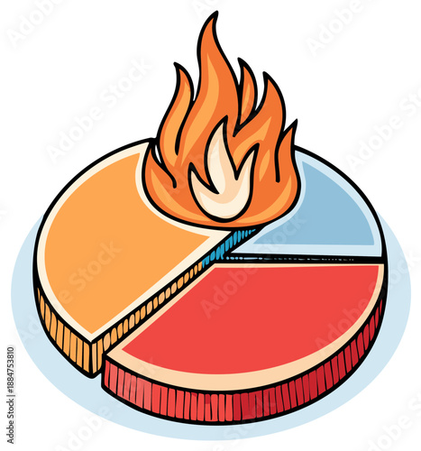 Conceptual illustration of a burning pie chart representing a financial crisis or urgent issue