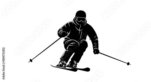 Skier carving sharp turn winter alpine mountains fast descent extreme adventure sport monochrome graphic design silhouette isolated on white background digital illustration vector artwork