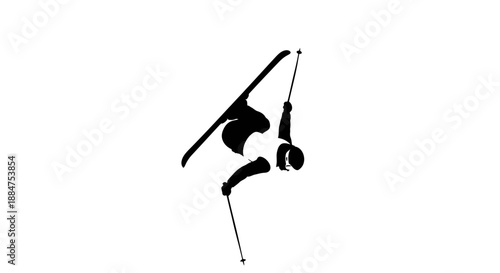 Skier performing aerial trick, silhouette against white background, freestyle winter sport, dynamic movement