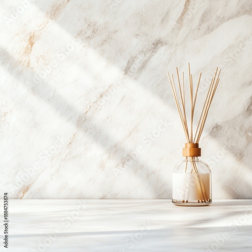 Reed diffuser on marble, sunlight shadows, minimalist, home decor, aromatherapy, fragrance, ambiance