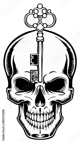 Ornate Skeleton Key Piercing a Stylized Human Skull